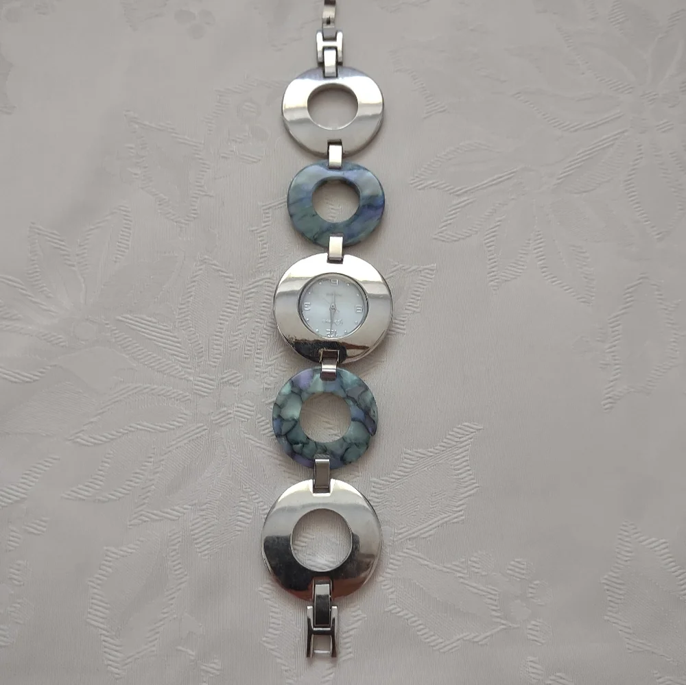 Stainless Steel Geneva Round Bracelet Silver Abalone Acrylic Vintage